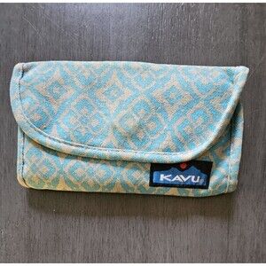 KAVU Big Spender Canvas Trifold Wallet Teal Tan Geometric Floral Print